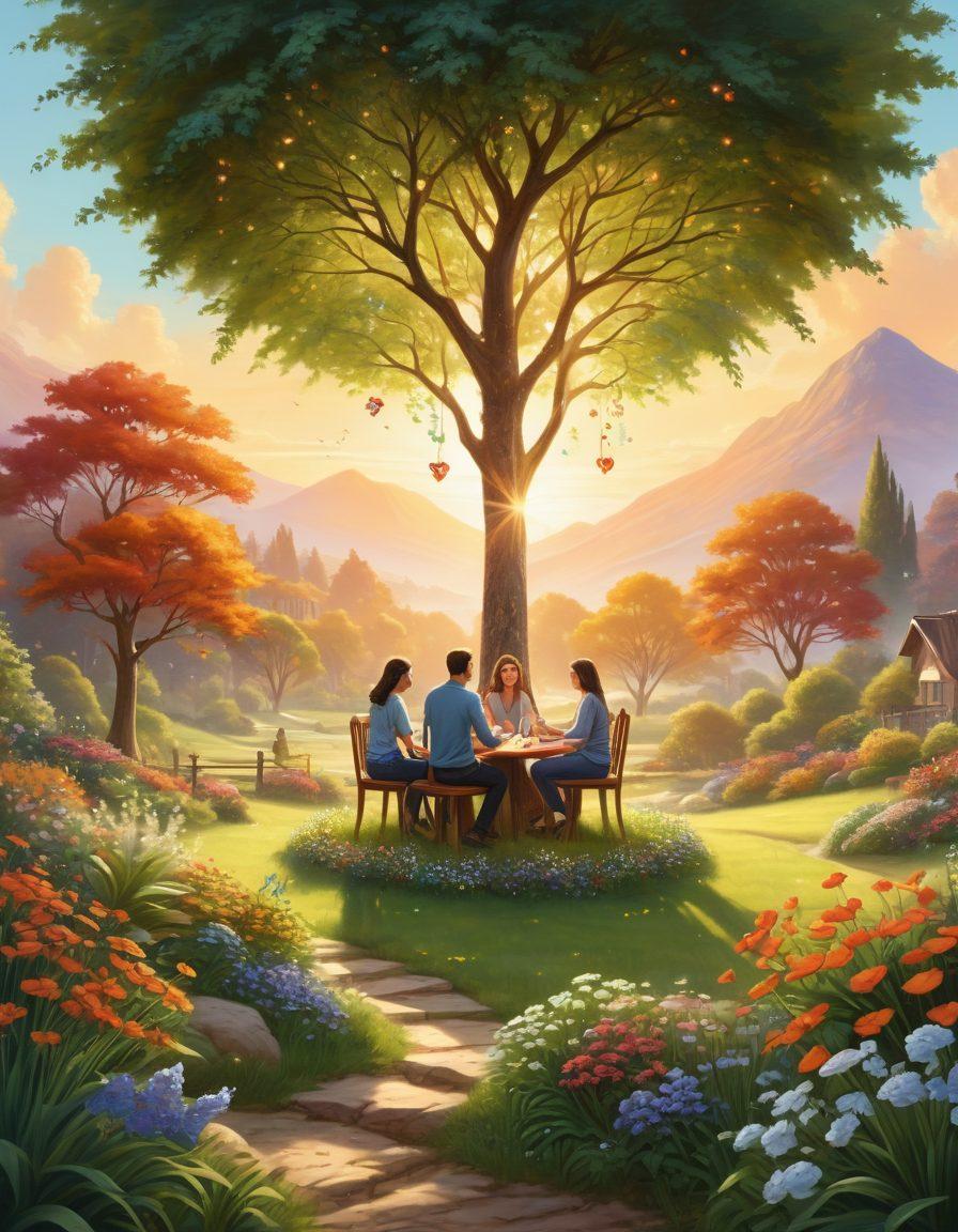 A serene landscape depicting a diverse group of people engaging in conversation while reviewing their insurance options, surrounded by symbols of emotional well-being like a heart, a shield, and a tree. The atmosphere should convey a sense of security and positivity, with soft, warm colors giving a friendly and inviting feel. Include elements of nature to emphasize peace and growth. super-realistic. vibrant colors. soft background.