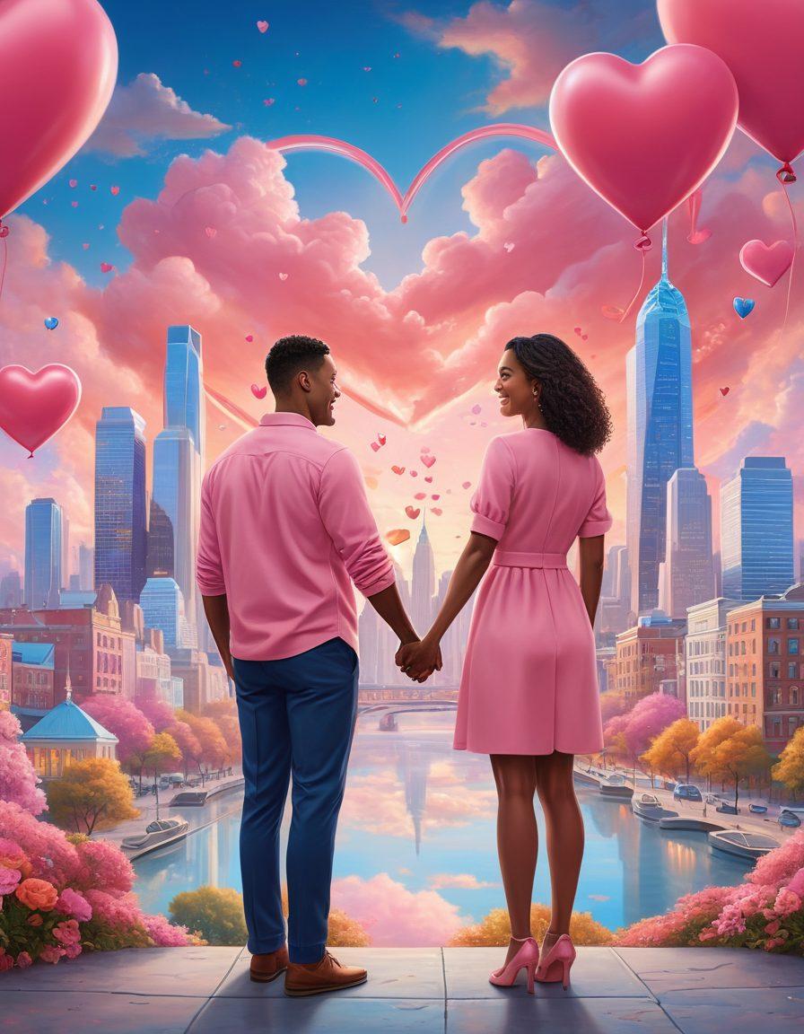 A heartfelt scene depicting a couple exploring various insurance coverage options while holding hands, surrounded by illustrations of hearts, policies, and a city skyline. The background features soft pink and blue hues symbolizing love and security, with a touch of whimsical elements like floating heart-shaped clouds. The couple should be diverse to reflect inclusivity in relationships. super-realistic. vibrant colors. warm atmosphere.