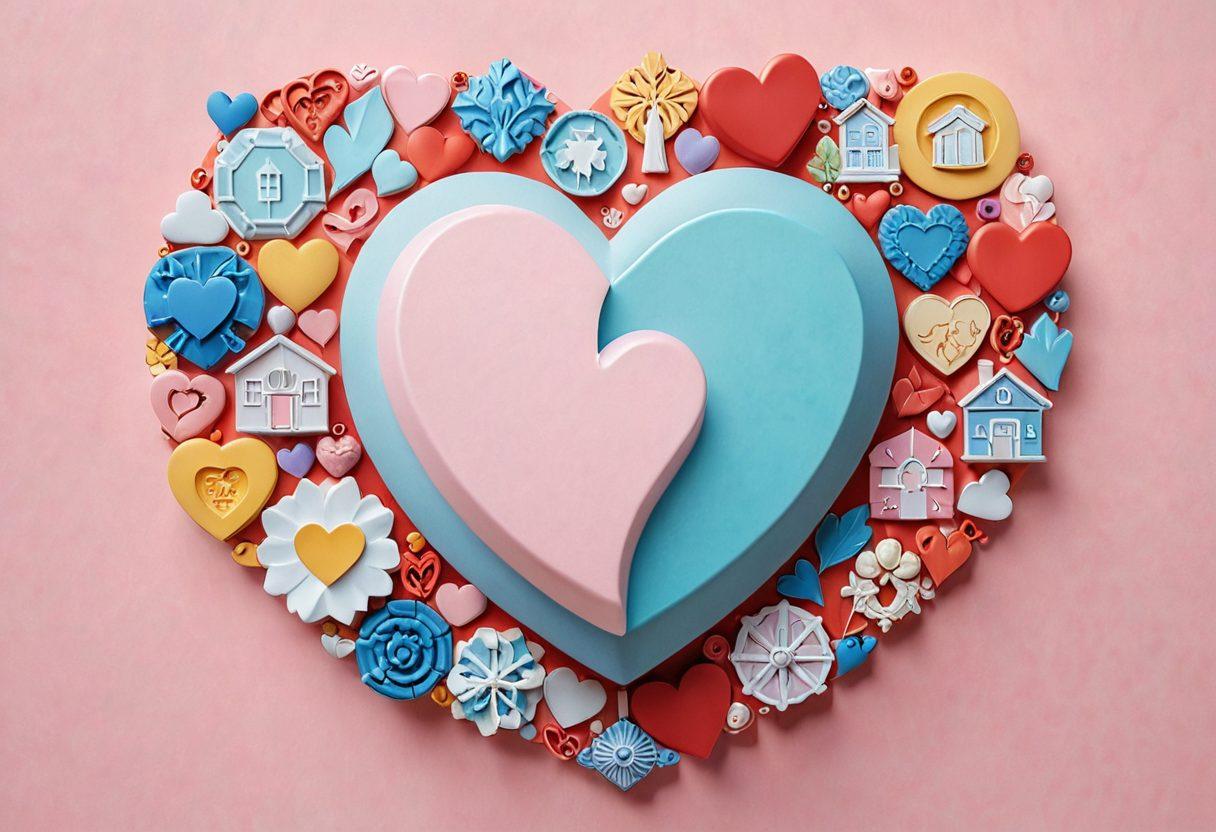 A heart symbol intricately designed with various insurance icons like a shield, medical symbol, and shared home, surrounded by interlocking wedding bands. The background features soft pastel colors representing unity and support. Include diverse couples exploring options together, showcasing love and partnership in decision-making. super-realistic. vibrant colors. minimalistic background.